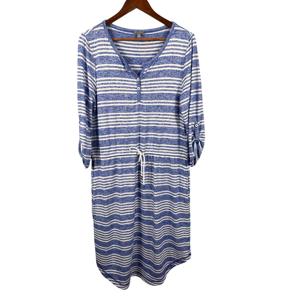 T by Talbots Knit Henley Dress Women Large Blue White Striped Roll Tab Casual